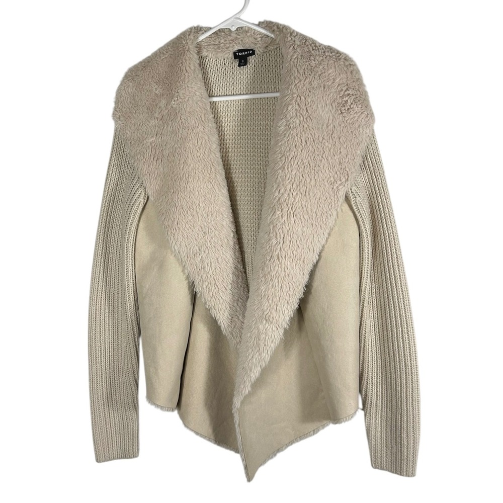 Torrid Beige Faux Fur Shawl Collar Faux Suede Ribbed Knit Cardigan Sweater 0L/XL